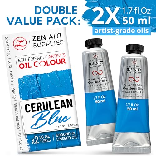 ZenART Professional Oil Paint Set - Artist Grade Cerulean Blue - 2x50ml | Non-Toxic, Buttery Consistency, Rich Pigment, Lightfast Oil Paints for Primed Surface Canvas, Fine Art, Portraits & Landscape - color: Cerulean Blue
