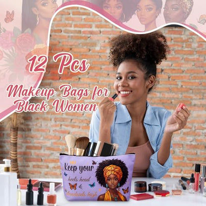 12 Pcs African American Makeup Bags Bulk, Christian Gifts for Women with Bible Verse, Black Women Canvas Zipper Bags for Mother's Day Church Group Sister Mom - style: African Style