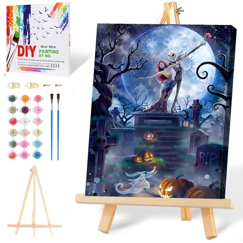 MIRCVSH Halloween Paint by Numbers for Adults with Framed Canvas-with Wooden Easel,Paint by Number on Canvas,DIY Acrylic Oil Painting Kits with Brushes Nice Gift Box for Home Wall Decor(12x16 Inch) - color: DKMT0912