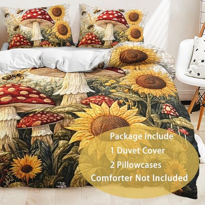 AILONEN Mushroom & Sunflower Duvet Cover Set Queen Size,Cartoon Flower Bee Quilt Cover with 2 Pillowcases, Soft Breathable 3Pcs - color: Mushroom110, size: Queen