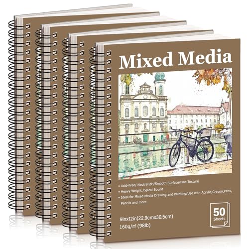 4 Pack 9x12 Mixed Media Sketchbook, Spiral Bound, 200 Sheets Sketch Pads | 160gsm Acid-Free Paper, for Dry Media, Lays Flat for Sketching, Multi-Media Artistic Creation At Home & Outdoors - color: landscape, size: 9 x 12 inch (4 pack)
