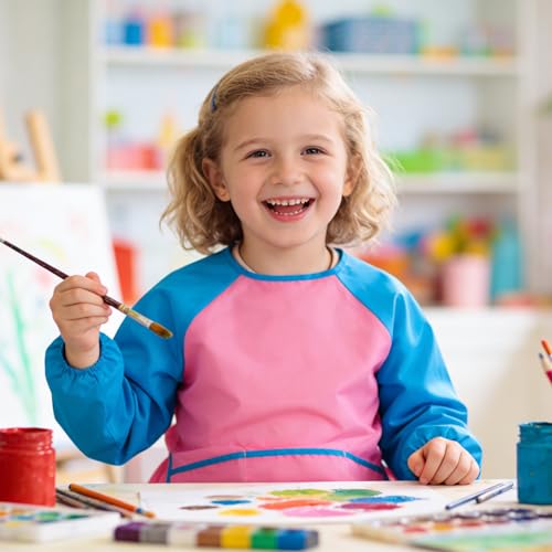 2 Pack Kids Art Smock Waterproof with Long Sleeve and 3 Roomy Pockets Artist Children Aprons for Toddlers Age 3-8 Painting Crafts（Pink） - color: 2 Pack Pink