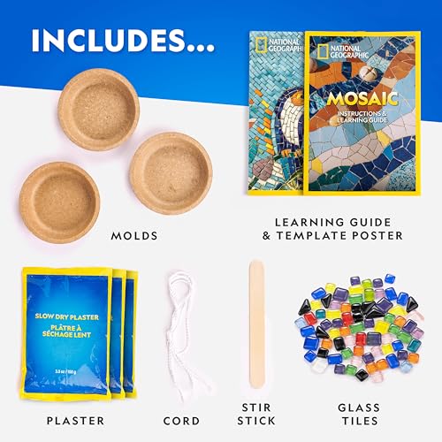 National Geographic Mosaic Arts and Crafts Kit for Kids - Mosaic Kit for Creating 3 Glass Tile Mosaic Art Projects, Includes Glass Tiles, Templates, Plaster & More, Art Supplies, Mosaic Kits for Kids | 3 Glass Tile Mosaic Projects, Templates, Plaster and