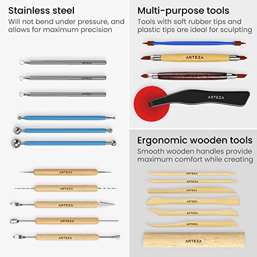 ARTEZA Pottery & Polymer Clay Tools, 22-Piece Sculpting Set, Steel Tip Tools with Wooden Handles, Craft Kit for Modeling, Carving - size: Set of 22