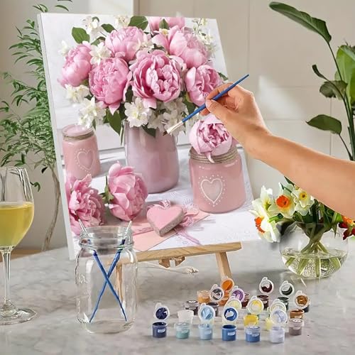 MaiMMaledy Paint by Numbers Kit for Adults Beginners Canvas Pictures with Framed Drawing Painting Acrylic Pigment with Wooden Triangle Easel Pink Flowers 8Wx12L inch - color: Pink Flowers, size: Pink Flowers 8x12inch