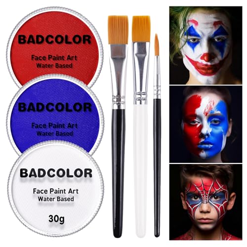 US Flag Red White and Blue Joker Face Body Paint, Water-Based Face Painting Kit with Brushes for America’s Patriotic Parades 4th of July USA Independence Day & Halloween Costume Clown Cosplay Makeup - color: White+Red+Blue+3Pcs Brushes
