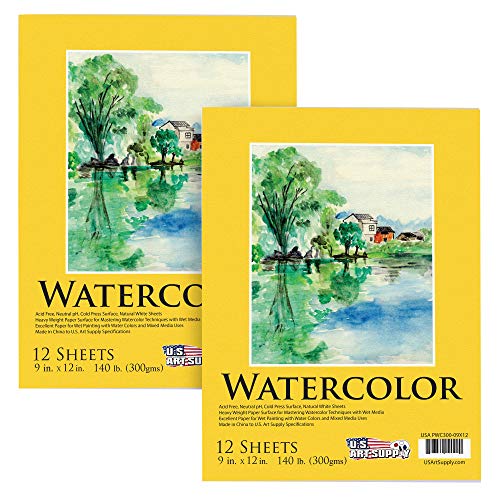 U.S. Art Supply 9" x 12" Premium Heavyweight Watercolor Paper Pad, 2-Pack - size: 9-x-12-inch