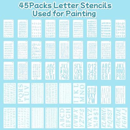 1/3, 1/2, 3/4, 1, 2 Inch Letter Stencils for Painting, 45 Pcs Reusable Plastic Alphabet and Number Symbols Stencils for ournal Notebook, Diary, Scrapbook Decor Supplies Crafts Art Projects