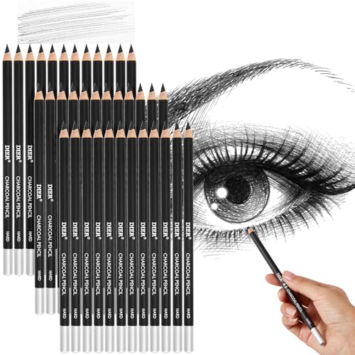 Geyoga 36 Pcs Professional Charcoal Pencils Soft, Medium and Hard for Drawing Charcoal Pencils for Sketching Shading Drawing Blending Portrait(Black, Hard) - style: Hard