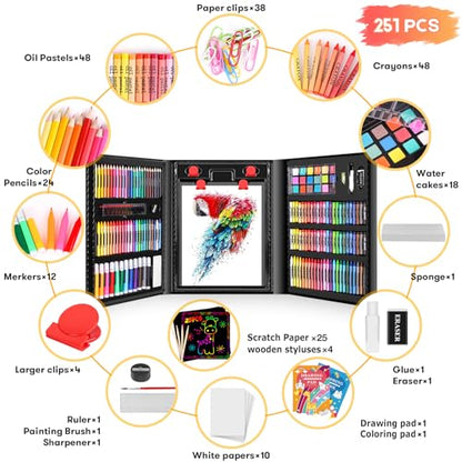 iBayam Art Kit, 251-Pack Art Supplies Drawing Kits, Arts & Crafts Gifts Box | Kids Teen Girls Boys, Travel Carrying Case & Trifold Easel, Scratch Paper, Sketch Pad, Coloring Book, Crayons, Pencils - color: Black