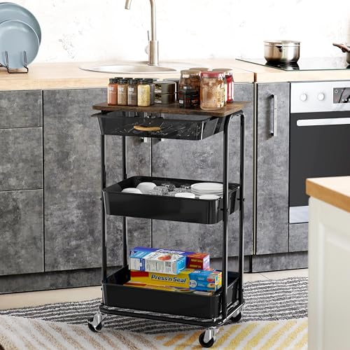Simple Houseware 3-Tier Utility Cart with Drawer & Wood Top, Rustic Brown - color: Rustic Brown