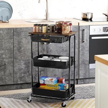 Simple Houseware 3-Tier Utility Cart with Drawer & Wood Top, Rustic Brown - color: Rustic Brown