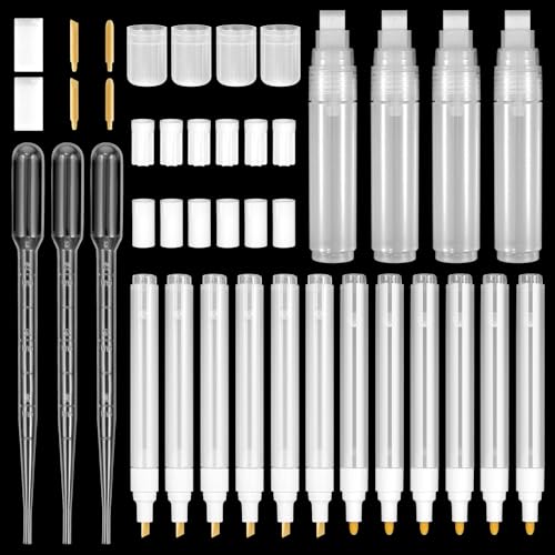 16 Pcs Refillable Acrylic Paint Markers, Refillable Paint Pen, 3mm, 6mm, 15mm Empty Acrylic Markers, with 6 Replaceable Pen Tips and 3 ml Dropper for Touch Up Graffiti Paper Drawing