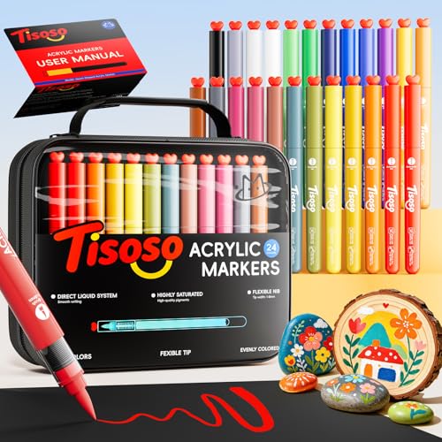 Tisoso 24 Colors Acrylic Paint Markers Brush Tip with Automatic Ink Control | Water-Based Paint Pens with Canvas Bag,Waterproof Acrylic Markers for DIY Art & Crafts -Rock, Wood, Fabric,Glass, Metal - color: 24 Colors