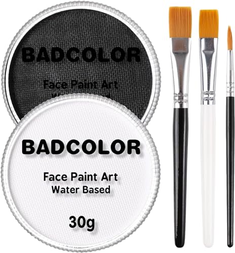 Black & Clown White Face Body Paint with 3Pcs Painting Brushes, Water Based SFX Makeup Palette for Kids & Adults, Non-Toxic Facepaint for Halloween, Cosplay, Costume & Theater - color: Black+White+3Pcs Brushes