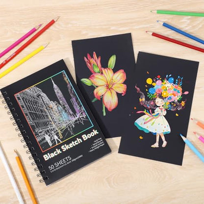 160gsm Black Paper Sketchbook 5.5 x 8.5 in, 50 Acid-Free Drawing Paper | Heavyweight black paper, finely textured, tears cleanly, lays flat, for pencils, chalk, metallic markers - size: 5.5×8.5 Inch (1 Pack )