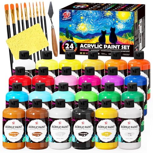 TBC The Best Crafts 24 Colors Acrylic Paint Set, 250ml (8.45oz) Each, Non-Toxic, Includes 10 Professional Brushes + Sponge + Painting Knife, for Canvas Wood Ceramic Rock Painting & DIY Crafts for Adults Artists