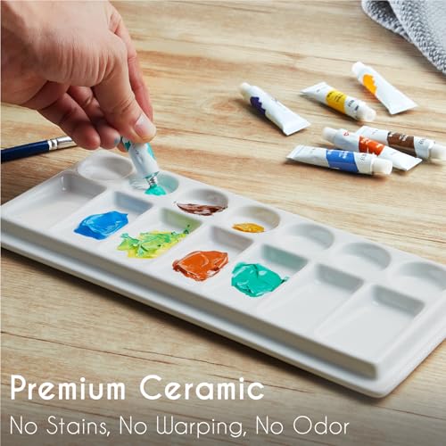 Rectangular Ceramic Paint Palette with Lid, 14-Well Porcelain Watercolor Mixing Tray for Acrylic, Oil & Gouache, Large Artist Watercolor Palette with Plastic Cover - size: 11.4" x 5.1" x 0.8"
