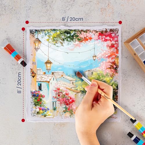 Wanderings Thick Handmade Watercolor Paper with Deckled Edge - 8" x 8" - 500GSM Premium White Cold Press Textured Mixed Media Paper Made with Recycled Cotton - 15 Sheets - color: White, size: 8x8 inches