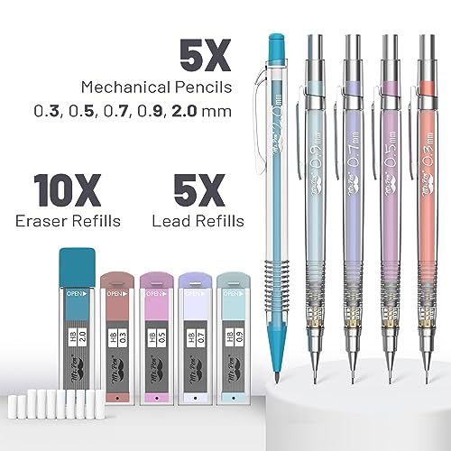 Mr. Pen- Pastel Mechanical Pencil Set, 5 Mechanical Pencils (0.3, 0.5, 0.7 - color: Clear Barrel