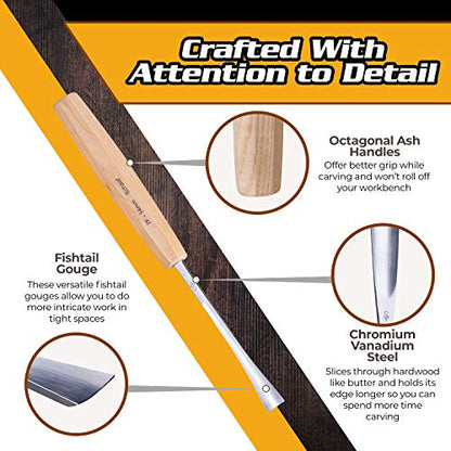 4-pc Wood Chisel Set, Fishtail Gouges, Sharpened | Professionally hand sharpened, detail carving chisels for beginners, sculpture and relief carving, tutorials included - color: Professionally Sharpened 4 Piece Fishtail Set