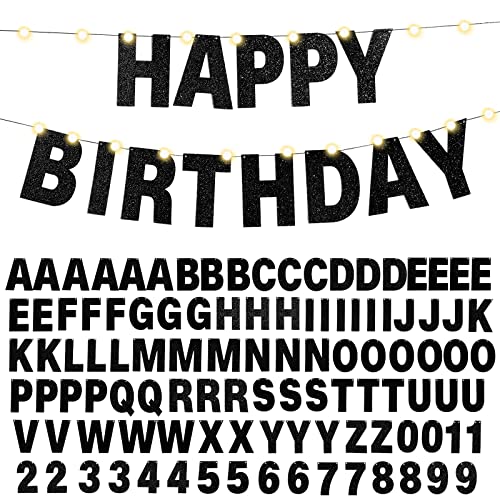 TaoBary 112 Pcs DIY Banner Letters Kit with Numbers,Black | 107 Glitter Letters Numbers with Rope and Needle, Reusable for Birthday, Halloween, Christmas, Wedding, Valentine Decor - color: Black
