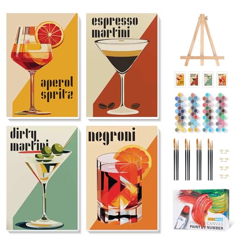 Camocin 4 Pack Framed Paint by Numbers Kit for Adults with Wooden Easel | Retro Cocktail Artwork, DIY Canvas Painting Set, Home Bar Wall Decor, Beginner Friendly, Vintage Style, 8x12 Inch - color: LBOP4PF01