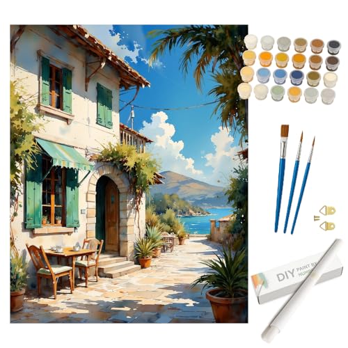 Seaside Paint by Numbers Kit for Adults – DIY Coastal House with Green Shutters Painting on Rolled Canvas 16x20 Inches, Acrylic Paint Set for Beginners, Outdoor Art for Home Decoration or Gifts - color: HSX00507, size: 16X20IN Rolled