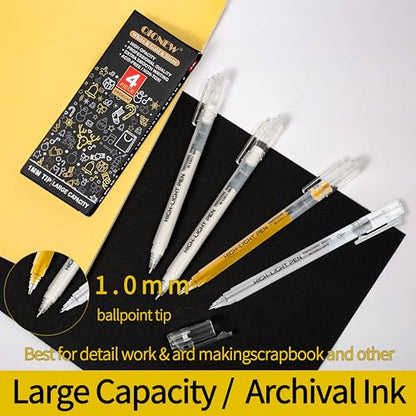 Qionew Gold Gel Pens, 1.0mm Gold Gel Pen Set,Gel Pen for Artists, 4 Pack | Gold Opaque Ink Pens, Gel Pen for Artists, for Black Paper Drawing, Bullet Journaling, Card Making, Art Highlight - size: 1.0 mm, style: Gold