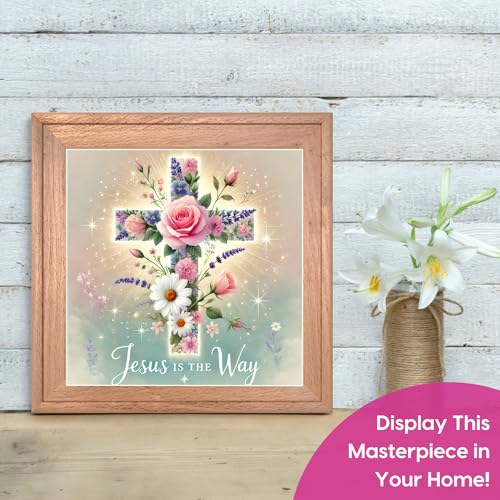 Modern Merch Jesus Diamond Art for Adults Flower Cross Christian 5D Diamond Painting Kit for Adults, DIY Jesus Wall Art Cross Stitch Kits Gem Art, Round Drill 12x12 Religious Gifts for Women - color: Cross Flower