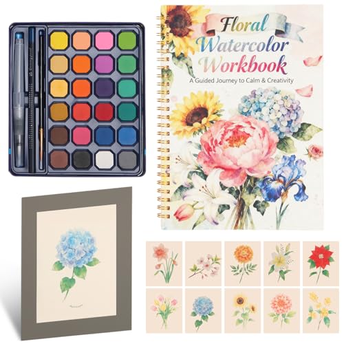 Floral Watercolor Painting Kit, 24 Paints, 3 Brushes, Workbook | 12 Guided Floral Tutorials on 300GSM Paper - No-Bleed, Pages - 24 Paints & 3 Brushes - BeginnerFriendly Creative Gift - color: Elegant flowers