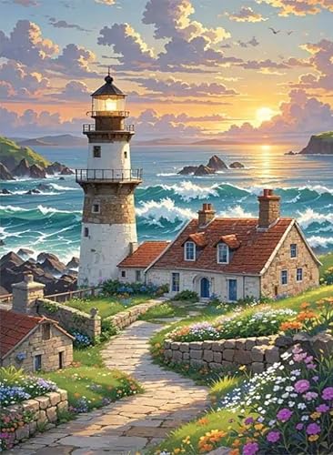 5D Ocean View Lighthouse Diamond Painting Kits For Adults Beginner,DIY Sunset,Housing,Flowers Diamond Art Kits For Adults,Round Full Drill Diamond Dots With Gem Art kits,Home Wall Decor 12X16inch - color: HP108