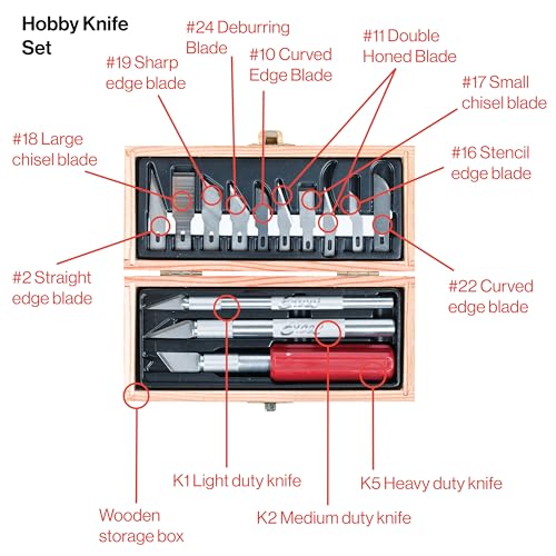 Excel Blades Precision Hobby Knife Set, 13-Piece Precision Craft Knife Set with Case – Includes Light to Heavy Duty Handles and Assorted Blades for Crafting and Precision Cutting - Made in USA - color: Hobby Knife Set (Wooden Chest)