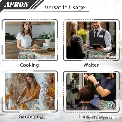Waist Apron with 3 Pockets Waterproof 13 Inch Short Half Waist Aprons Women Men Server Aprons Waitress Waiter Apron - color: Dragonfly