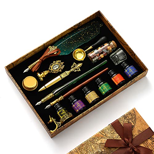 Joyeee Feather Calligraphy Pen and Ink Set, with Vintage Writing Quill Pen, Glass Dip Pen, Wooden Dip Pen, Pen Nibs, Pen Holder, Cup, Wax Beads, Seal Stamp, Candle, Melt Spoon and Gift Boxes #83 - color: #83 Green