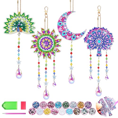 Diamond Art Kits for Kids/Adults, 4pcs Arts and Crafts for Kids Ages 8-12 | Birthday Gifts for 6 7 8 9 10 11 Year Old Girl, Paint by Numbers Kit for Kids Wind Chimes Gem Art Crystal Window Sun Catcher - color: ziran