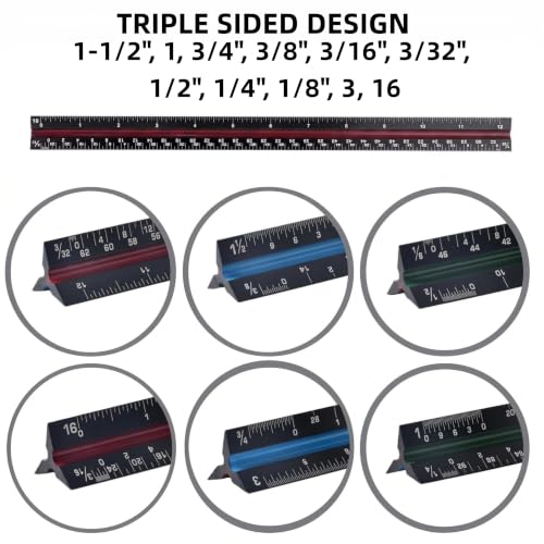 Lakei Architectural Scale Ruler, 12‘’Aluminum Alloy Drawing Scale,Black | Laser-Etched Aluminum Architect Triangular Ruler for Architects, Students, Draftsman, 1Pack - color: Black