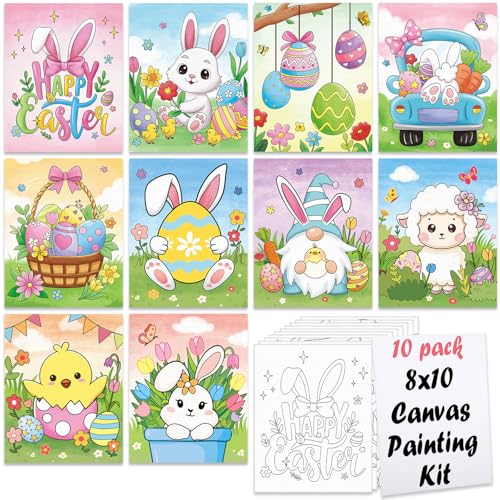 Nuberlic 10Pcs Easter Pre Drawn Canvas to Paint for Kids Girls Boys Painter Teen Adults Happy Easter Bunny Chick Egg Hunt Spring Holiday Painting Kits Pre Stretched Canvas Outline Boards 8x10 inch - size: 8x10, style: Happy Easter