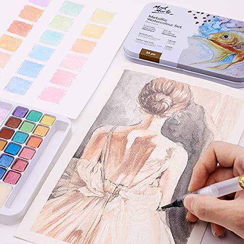 Mont Marte Premium Metallic Watercolor Cake Set, 21 Piece, 18 Colors, 1 Water Brush, 1 Sponge, 4 Mixing Wells - color: basic