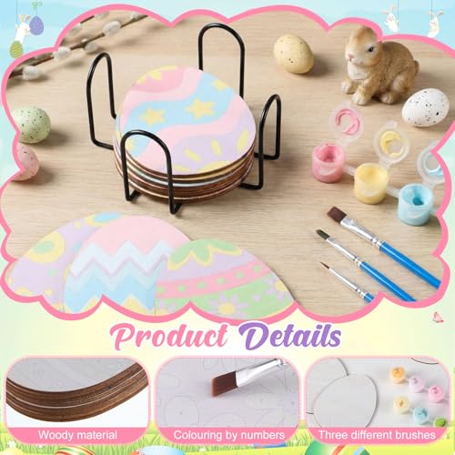Reallnaive 8 Pcs Easter Eggs Paint by Numbers Kit for Adults Wooden Coaster | Mini Paint by Numbers, Tiny Cute Round Oil Painting Drink Coaster with Holder, for Small DIY Craft Birthday Gift - style: Easter Egg