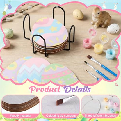Reallnaive 8 Pcs Easter Eggs Paint by Numbers Kit for Adults Wooden Coaster | Mini Paint by Numbers, Tiny Cute Round Oil Painting Drink Coaster with Holder, for Small DIY Craft Birthday Gift - style: Easter Egg
