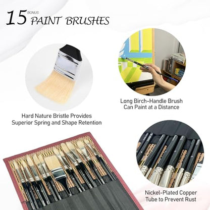 Falling in Art 15 Pcs Professional Oil Paint Brush Set, Natural Hog Bristle - color: Black