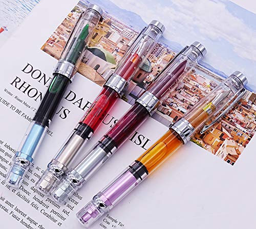 Lanxivi 4 x Yongsheng 3008 Fountain Pen Upgrated Fine Nib,Silver Trim,Piston Filling, Transparent - color: 3008 A Silver Trim F