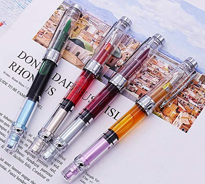 Lanxivi 4 x Yongsheng 3008 Fountain Pen Upgrated Fine Nib,Silver Trim,Piston Filling, Transparent - color: 3008 A Silver Trim F