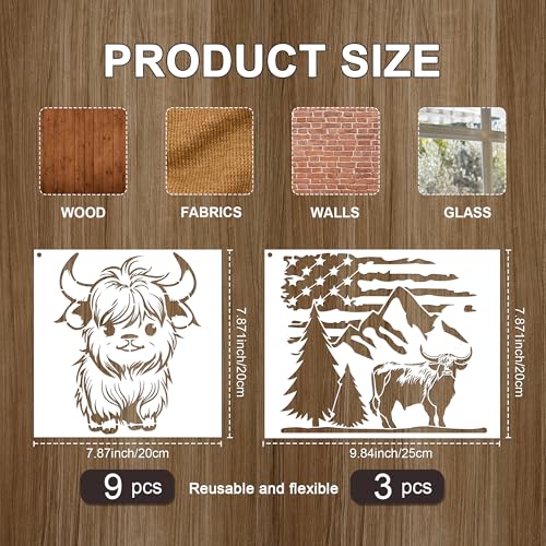 Keluna 12 Pcs Reusable Cow Farmhouse Stencils for Painting - Large Flower Cow Paint Stencils, Animal Template for Crafts on Wood Canvas Furniture - style: cow with flag