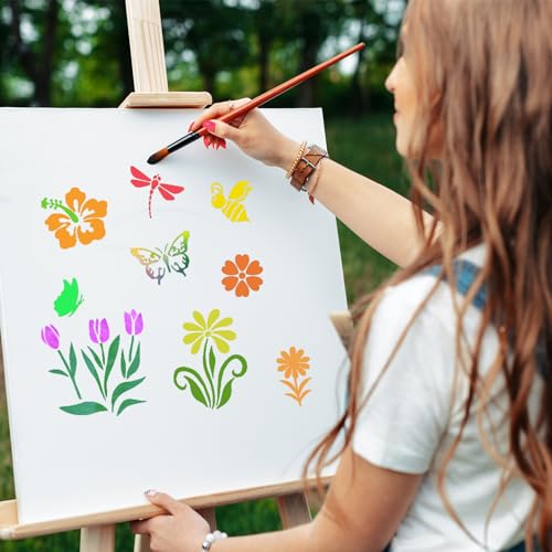 80 Pcs 5 x 5 Inch Stencils for Painting on Wood, Reusable Flower Butterfly Stencils Bird Plastic Bee Wall Stencil DIY Craft Template for Wall Home Decor - style: Flower