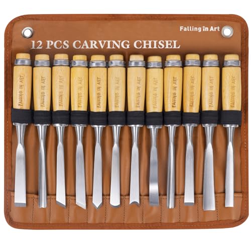 Falling in Art 12Pcs Wooden Carving Chisel Set with a Leather Pouch