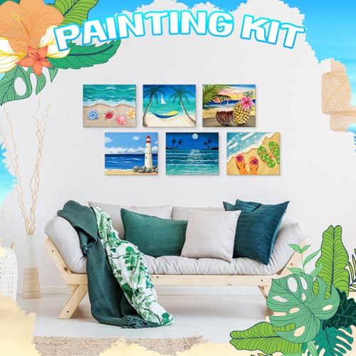 Affrolling 12 Pcs Pre Drawn Canvas for Painting for Adults 8 x 8 Inch Canvas Painting Kits Stretched with Drawing Ready to Paint Beginner Artists Date Night Party Supplies(Beach) - style: Beach