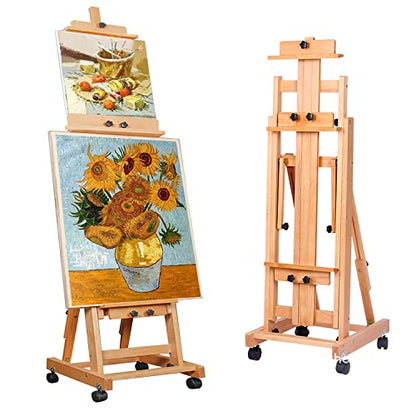 Art Easel for Painting, H-Frame Standing Studio Painting Easel | Tilting Flat Adjustable with Wheels for Adults Artist, Can Holds 2 Canvases