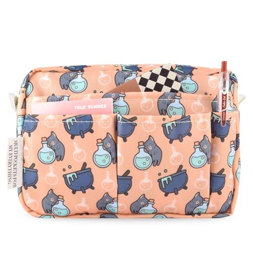Multiple Pockets Portfolio Organizer with Zippered,Storage Pencil Pouch Bag - color: Potion Cat
